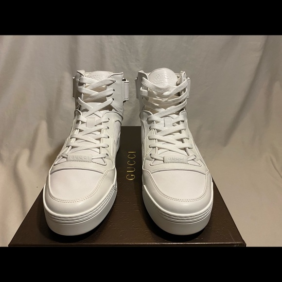 NEW $950 GUCCI CLASSIC WHITE BLACK HIGH TOP SHOES - Picture 3 of 7